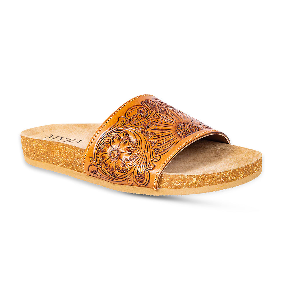 Hand-Tooled Sandals in brown colour with floral pattern on the straps