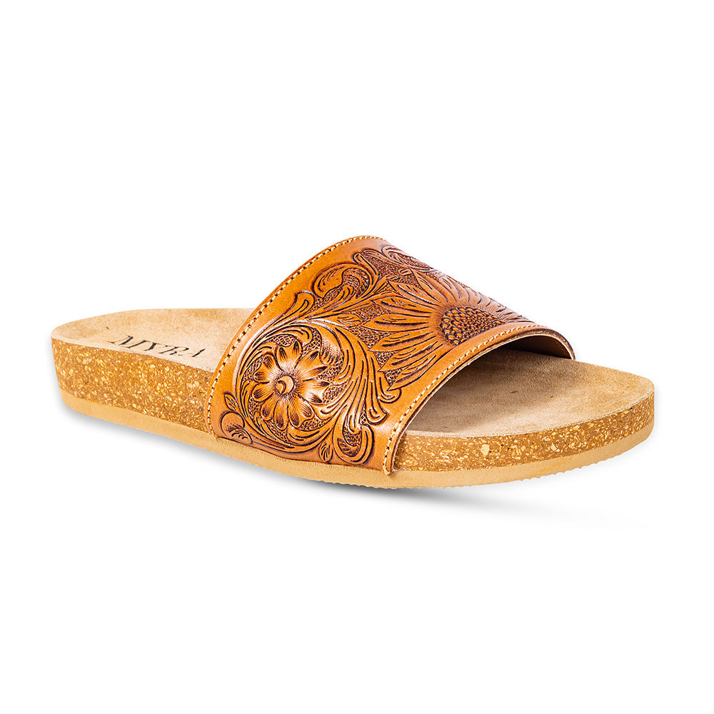 Hand-Tooled Sandals in brown colour with floral pattern on the straps