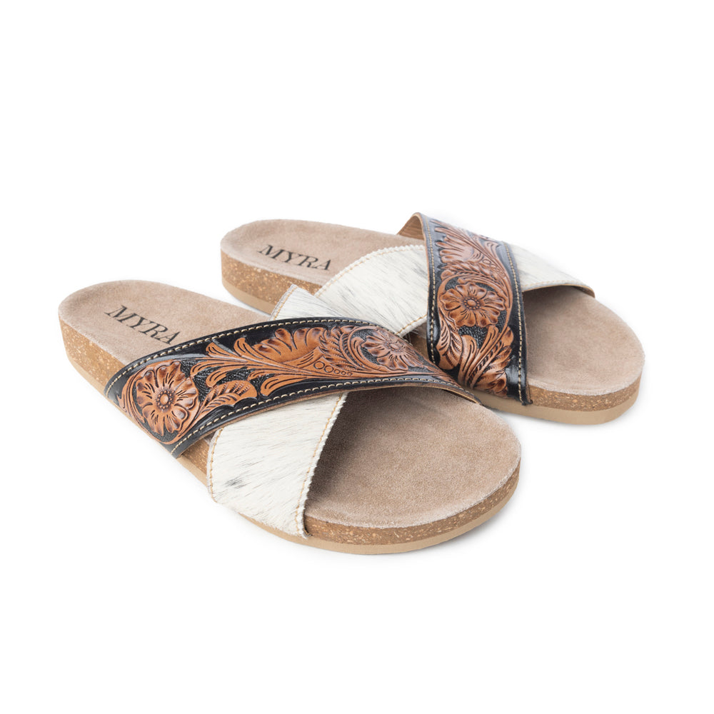 Myra Nevada Handtooled Leather Flats for Women - Double-Strap Sandals with Cushioned Cork Sole for Rodeo Chic Comfort - Myra USA