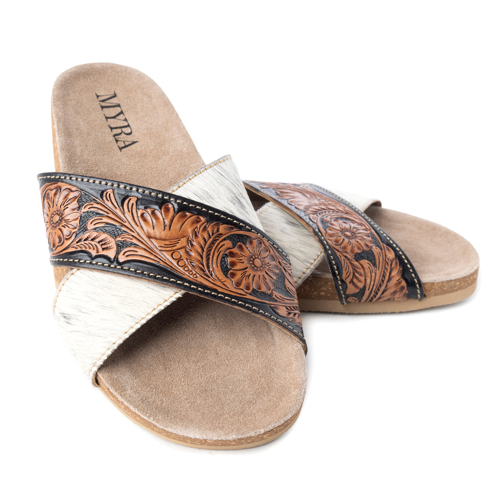 Myra Nevada Handtooled Leather Flats for Women - Double-Strap Sandals with Cushioned Cork Sole for Rodeo Chic Comfort - Myra USA