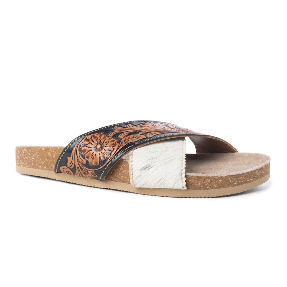 Myra Nevada Handtooled Leather Flats for Women - Double-Strap Sandals with Cushioned Cork Sole for Rodeo Chic Comfort - Myra USA