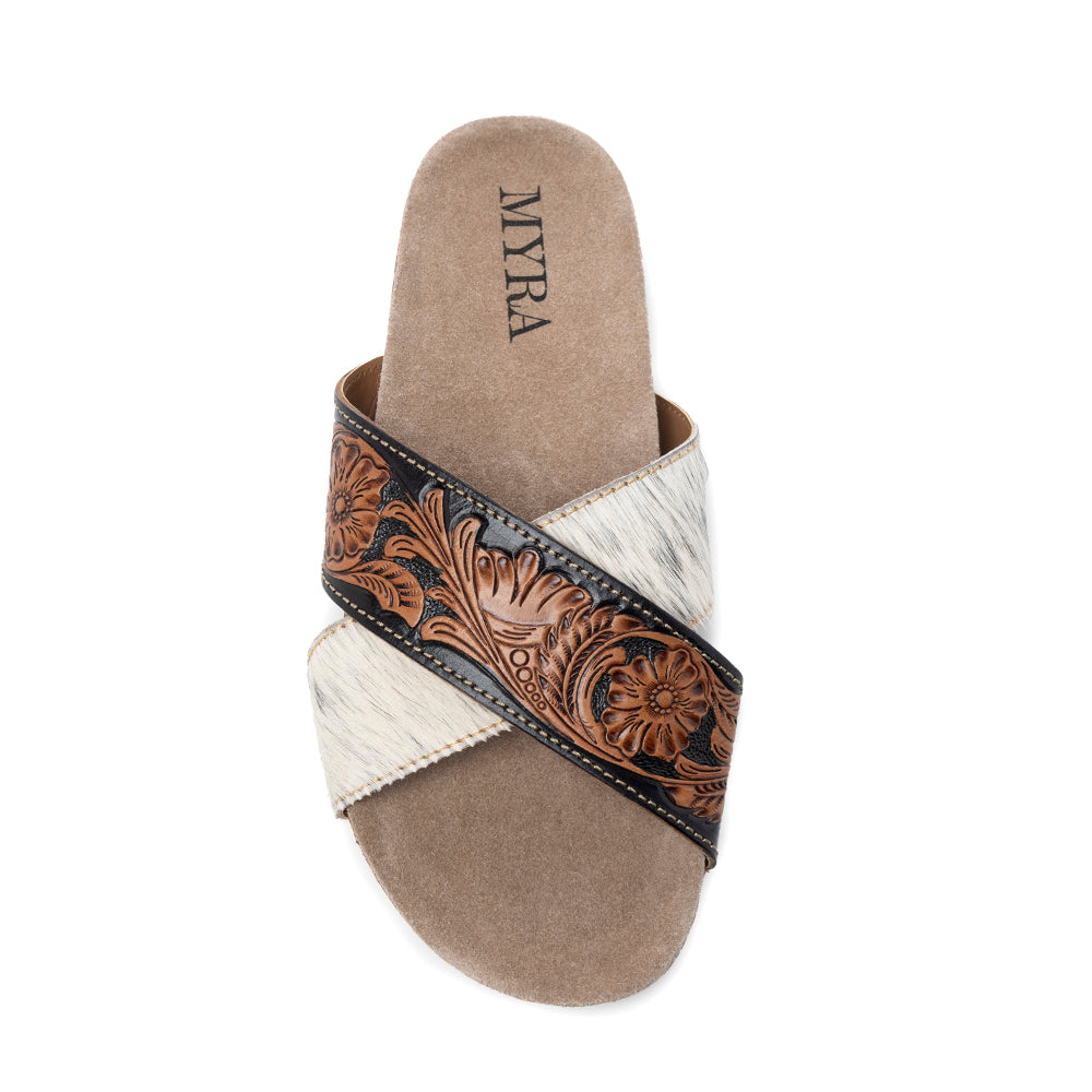 Myra Nevada Handtooled Leather Flats for Women - Double-Strap Sandals with Cushioned Cork Sole for Rodeo Chic Comfort - Myra USA