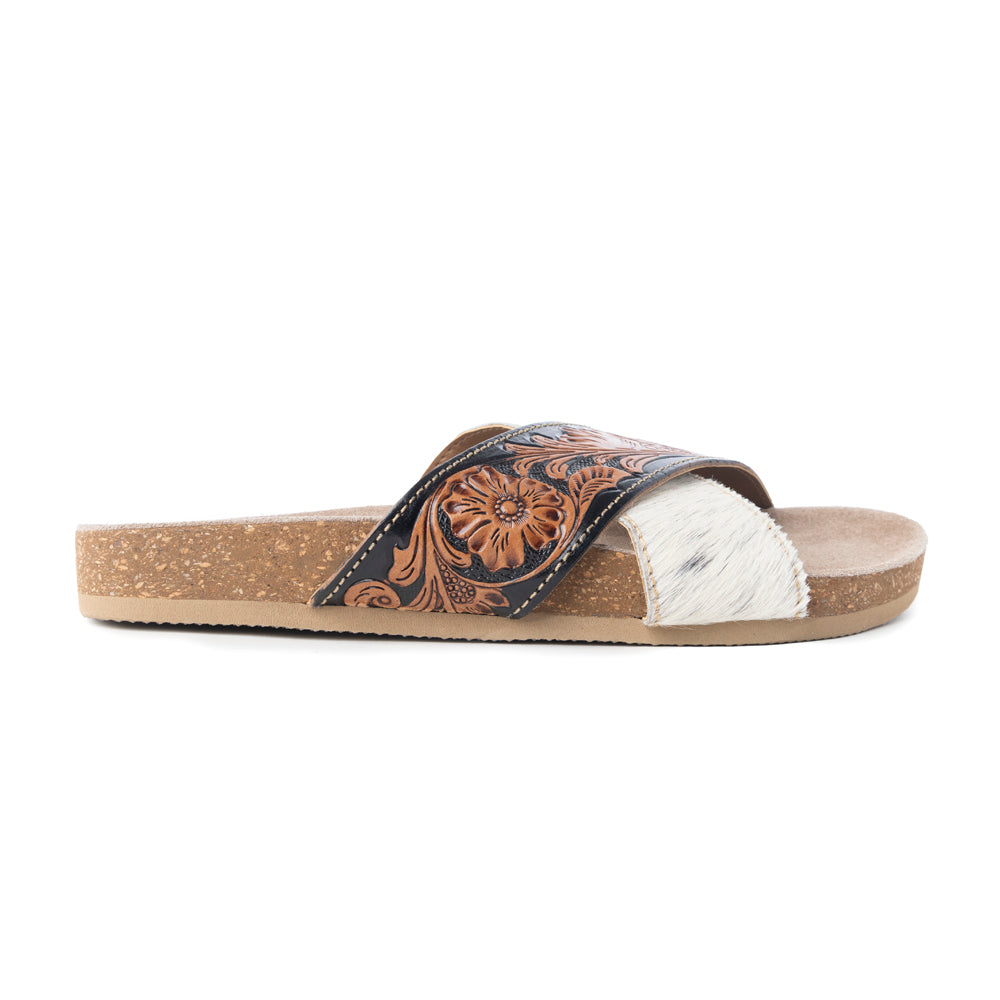 Myra Nevada Handtooled Leather Flats for Women - Double-Strap Sandals with Cushioned Cork Sole for Rodeo Chic Comfort - Myra USA
