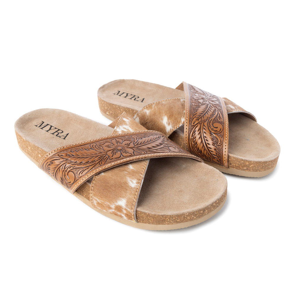 Myra Prairie Handtooled Leather Slide Sandals for Women – Floral Western Design, Soft Cork Footbed for Comfort - Myra USA