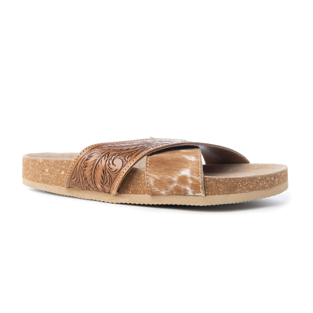 Myra Prairie Handtooled Leather Slide Sandals for Women – Floral Western Design, Soft Cork Footbed for Comfort - Myra USA