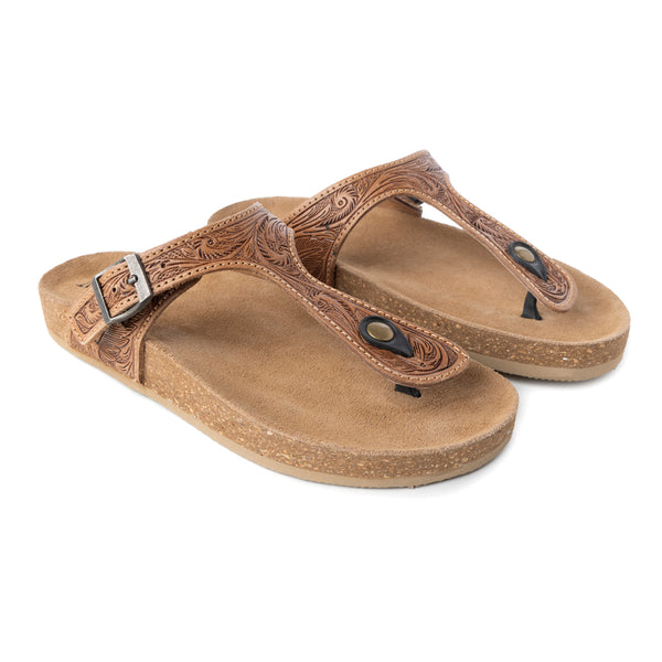 Myra Sadie Mesa Leather Slides for Women - Cushioned Cork Sole, Floral Tooled Finish for Everyday Elegance - Myra USA