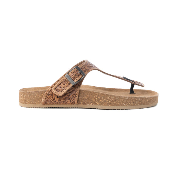 Myra Sadie Mesa Leather Slides for Women - Cushioned Cork Sole, Floral Tooled Finish for Everyday Elegance - Myra USA