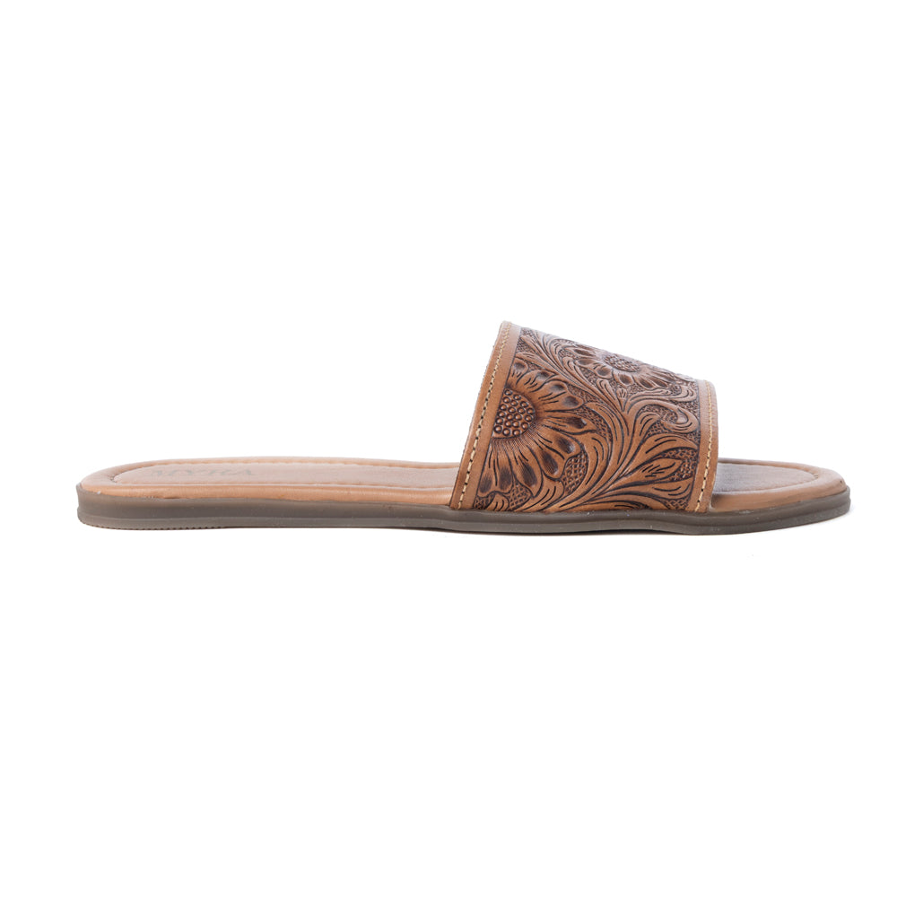 Myra Xena Leather Sandals for Women - Handtooled Floral Pattern Slip-on Sandals for Everyday Bohemian Comfort - Myra USA