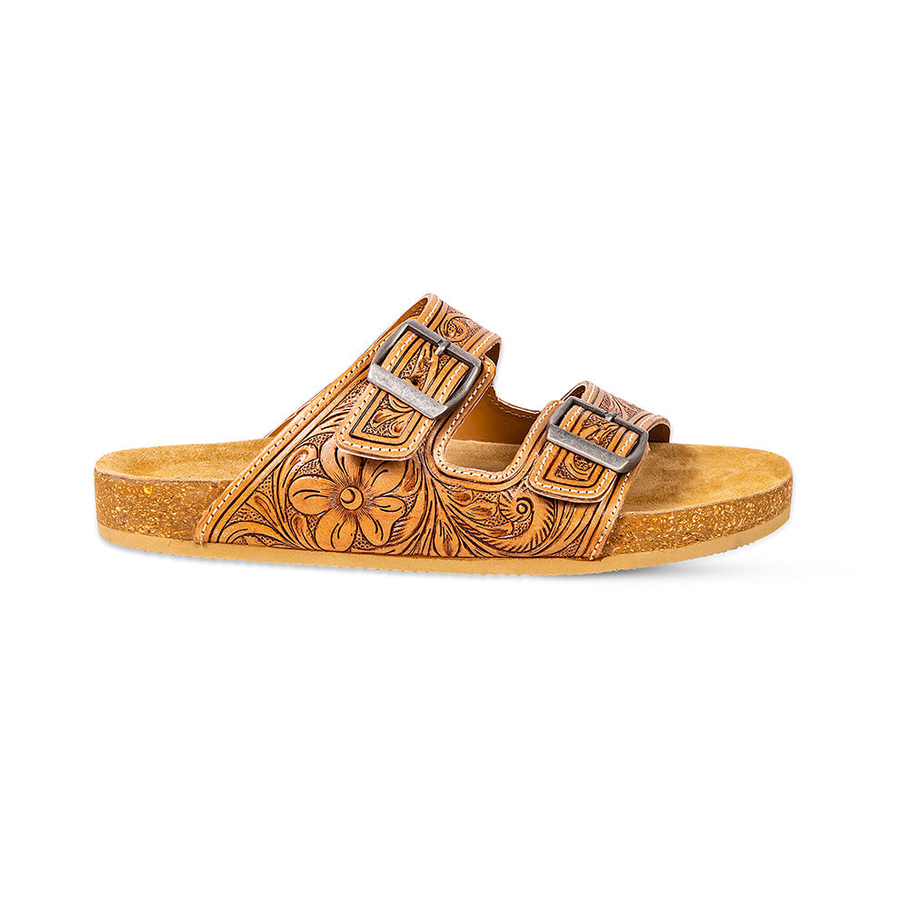 Handtooled Cowgirl Sandals in brown colour with embossed pattern