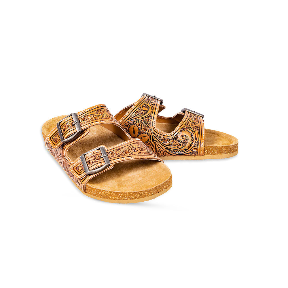 Handtooled Cowgirl Sandals in brown colour with embossed pattern