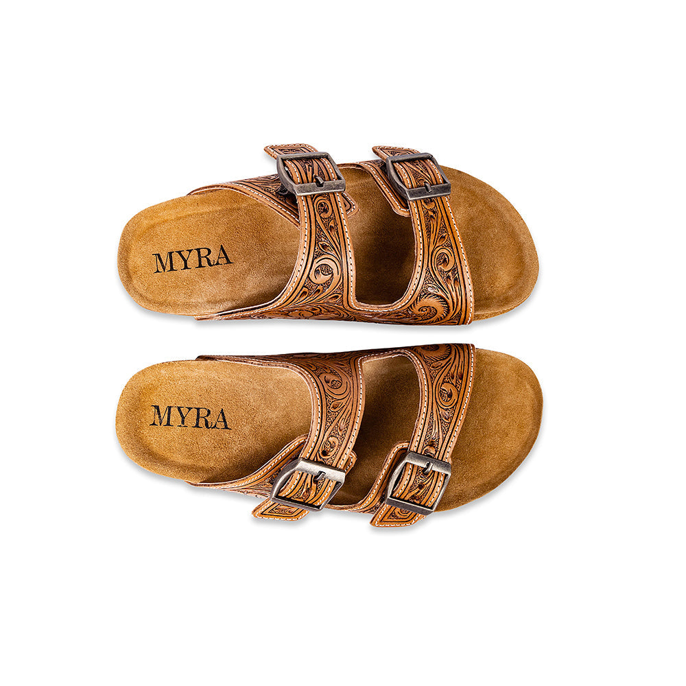 Handtooled Cowgirl Sandals in brown colour with embossed pattern