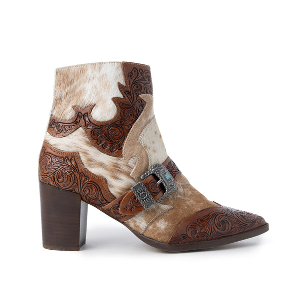 Myra Goldie Hairon Leather Boots for Women - Ankle Boots with Handtooled Leather Accents & Block Heels for Carnival Fun - Myra USA