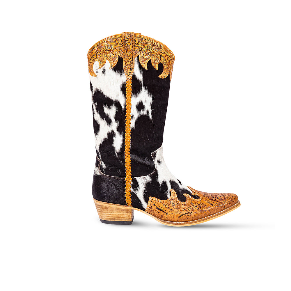Tall Handtooled leather Cowgirl Boots with black and white hairon cowhide
