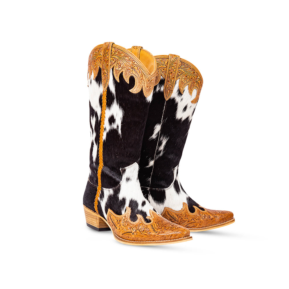 Tall Handtooled leather Cowgirl Boots with black and white hairon cowhide