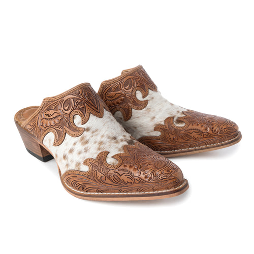 Myra Lacey Leather Mules for Women - Handtooled Leather Mid Top with Hairon Accents for Everyday Rodeo Elegance - Myra USA