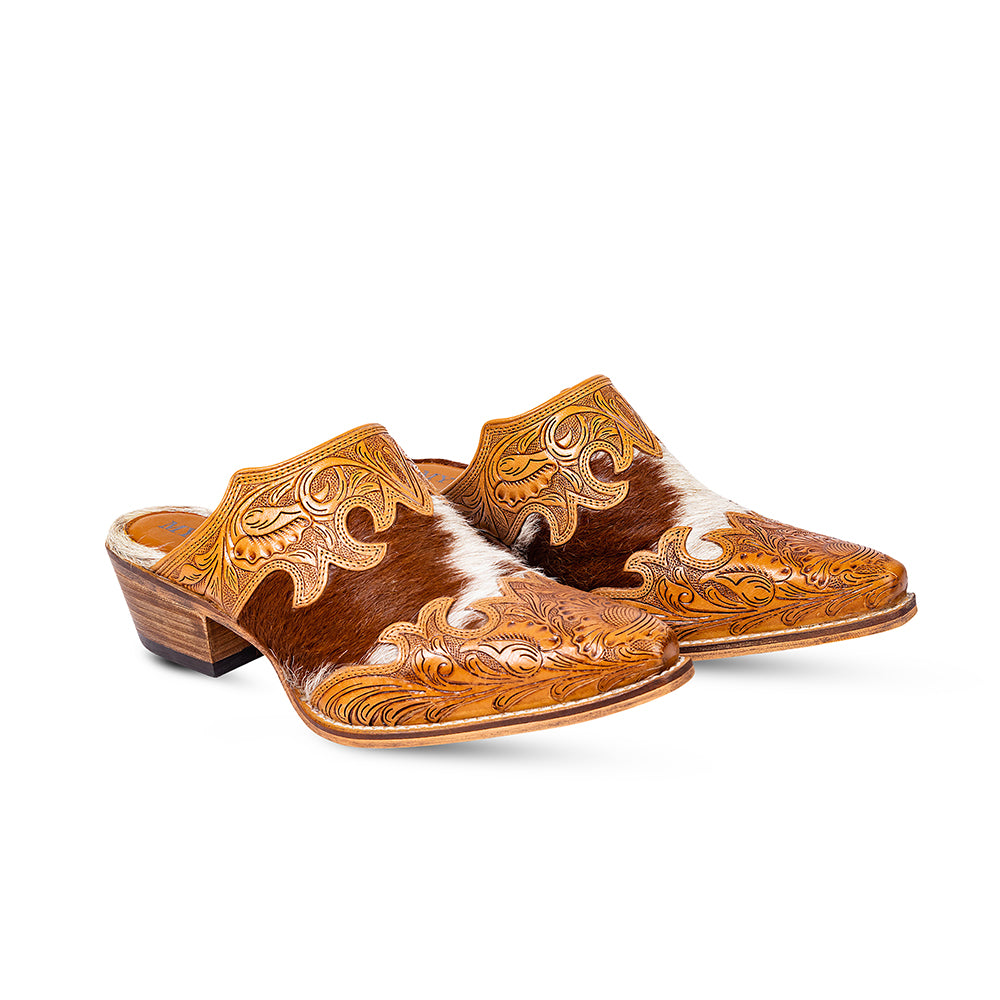 Lacey Hand-tooled Leather Mules - Myra USA