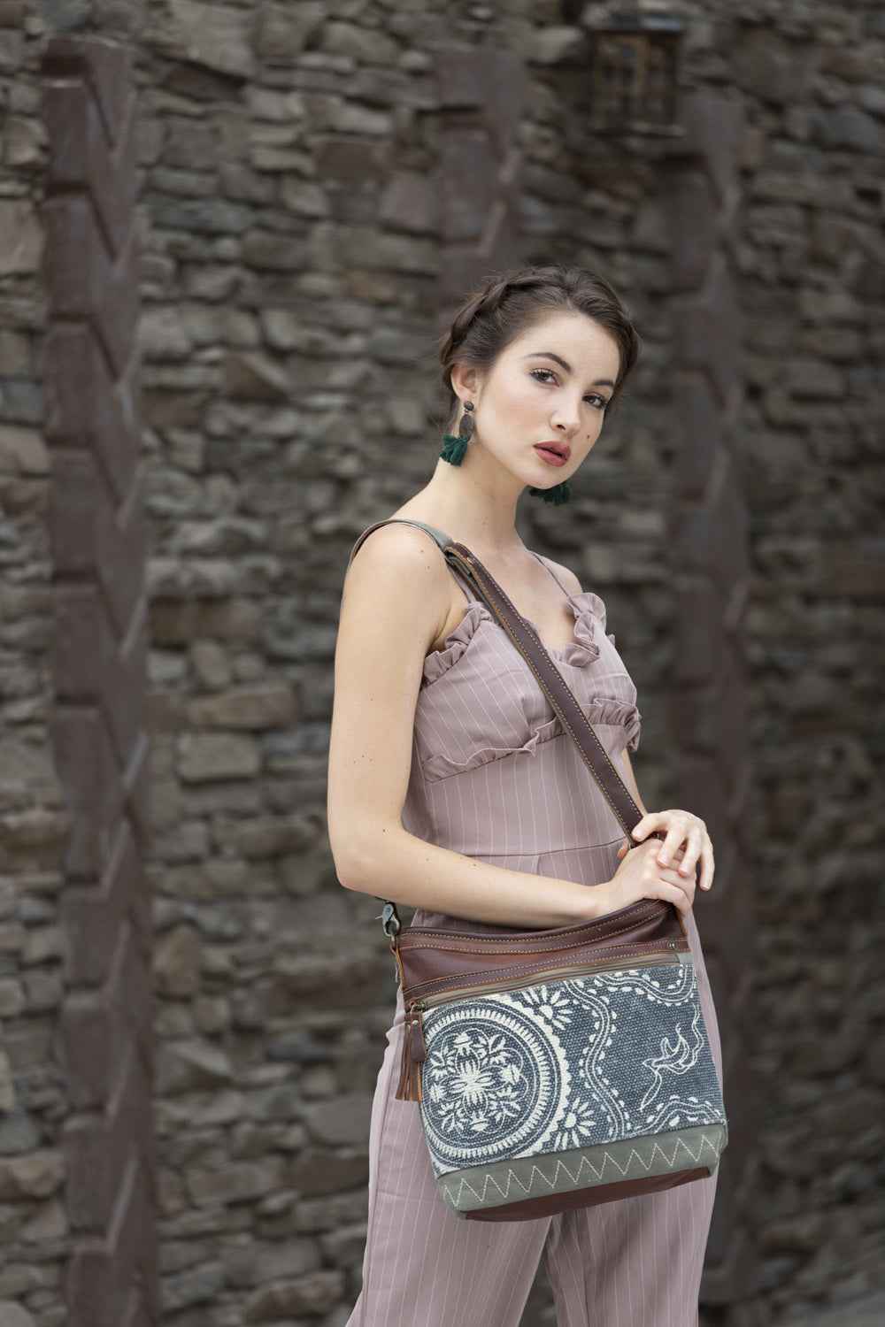 Myra Vogue Shoulder Bag for Women with upcycled canvas and genuine leather with zigzag woven accents