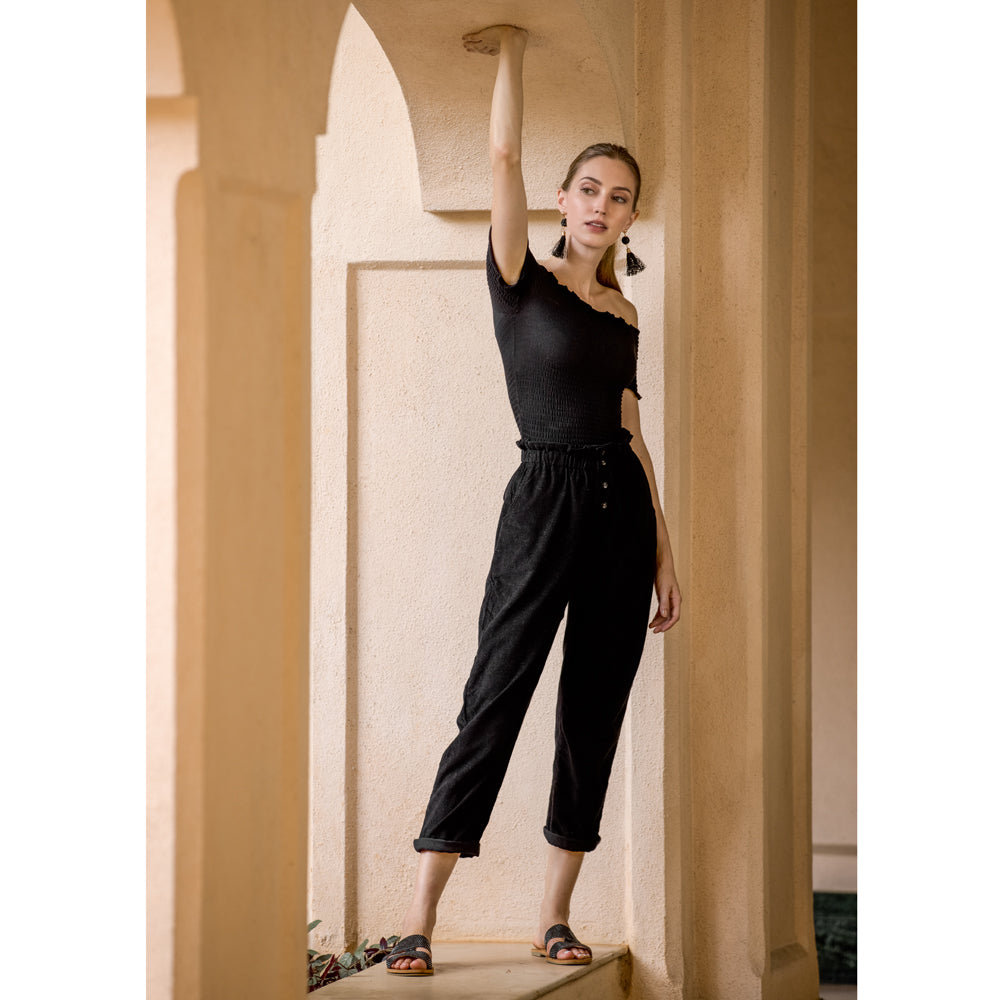 Corduroy Textured Black Pants - MyraUSA