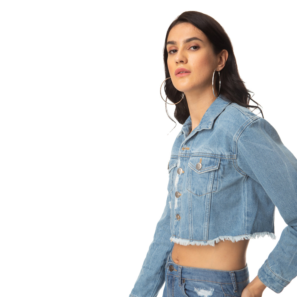 Crop Distressed Denim Jacket - MyraUSA