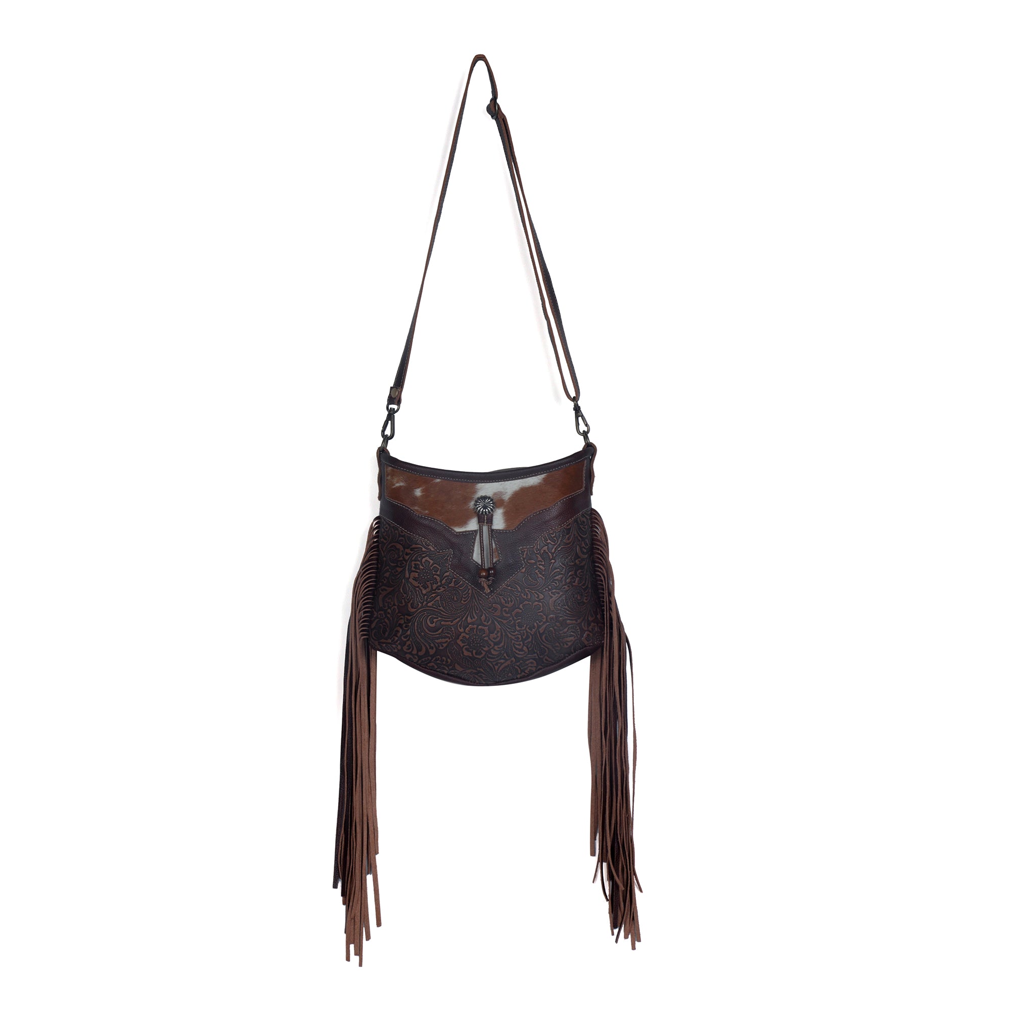 Sculpted Brown Leather & Hairon Bag - Myra USA