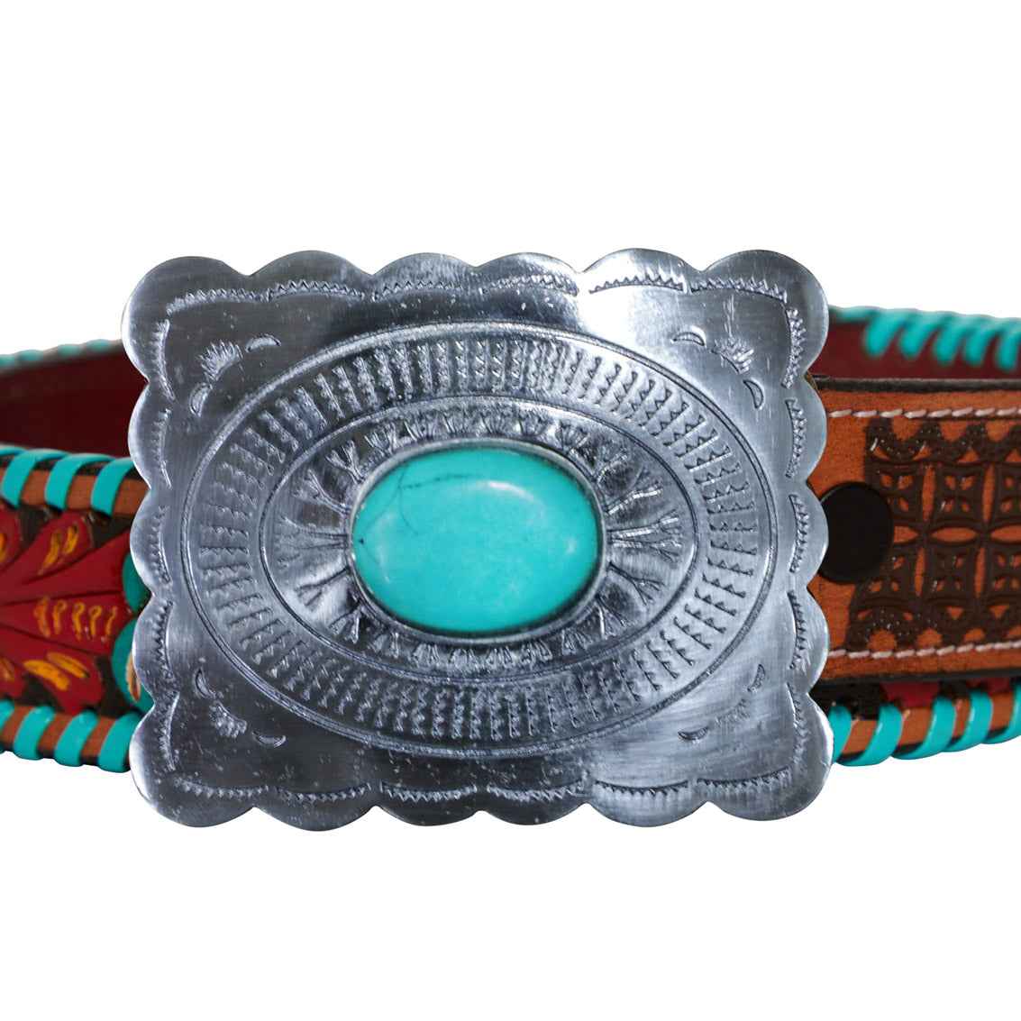 Myra Tropical Forest Belt for Women with handtooled leather in tropical inspired design