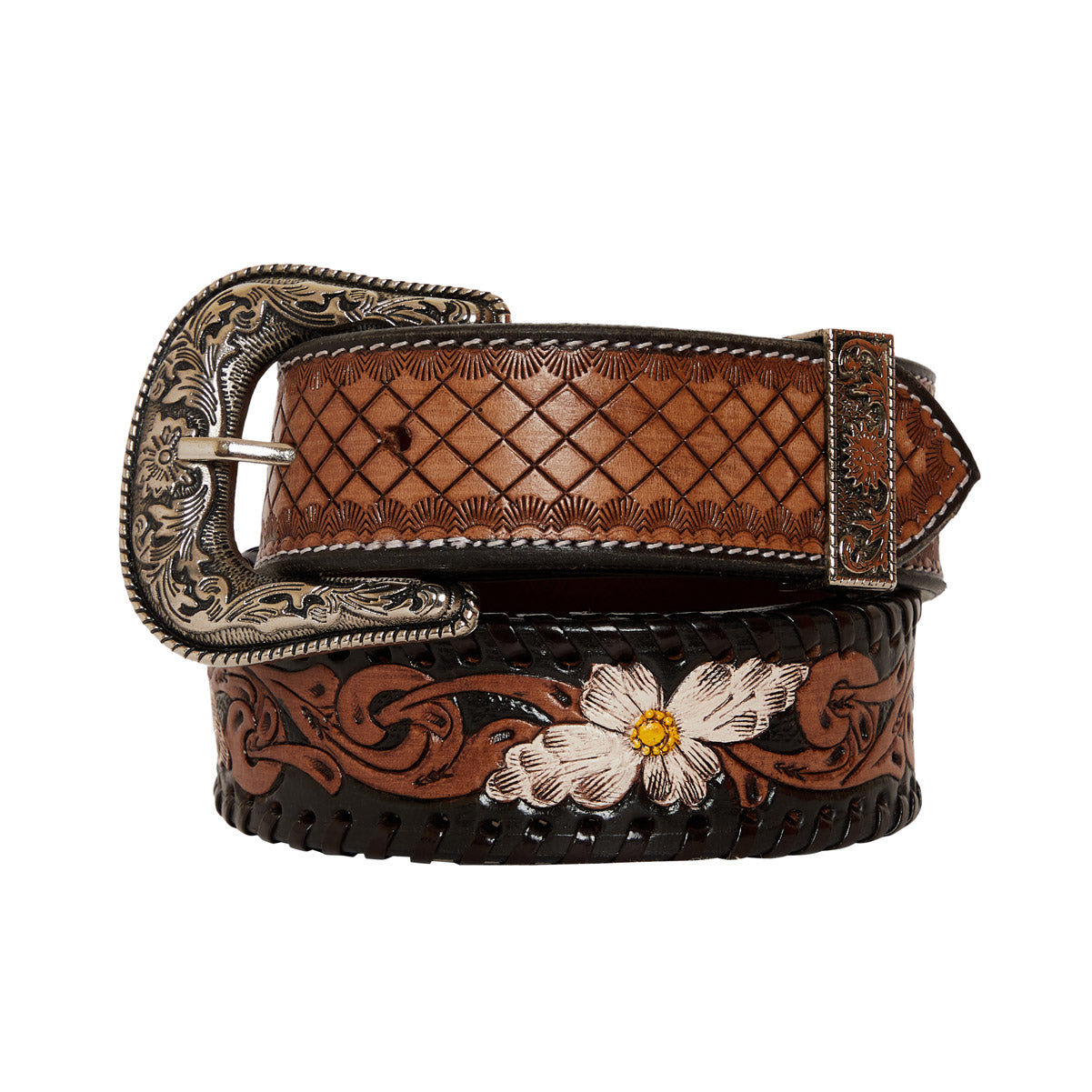 Checkered brown Hand-Tooled Leather Women's Belt - MyraUSA