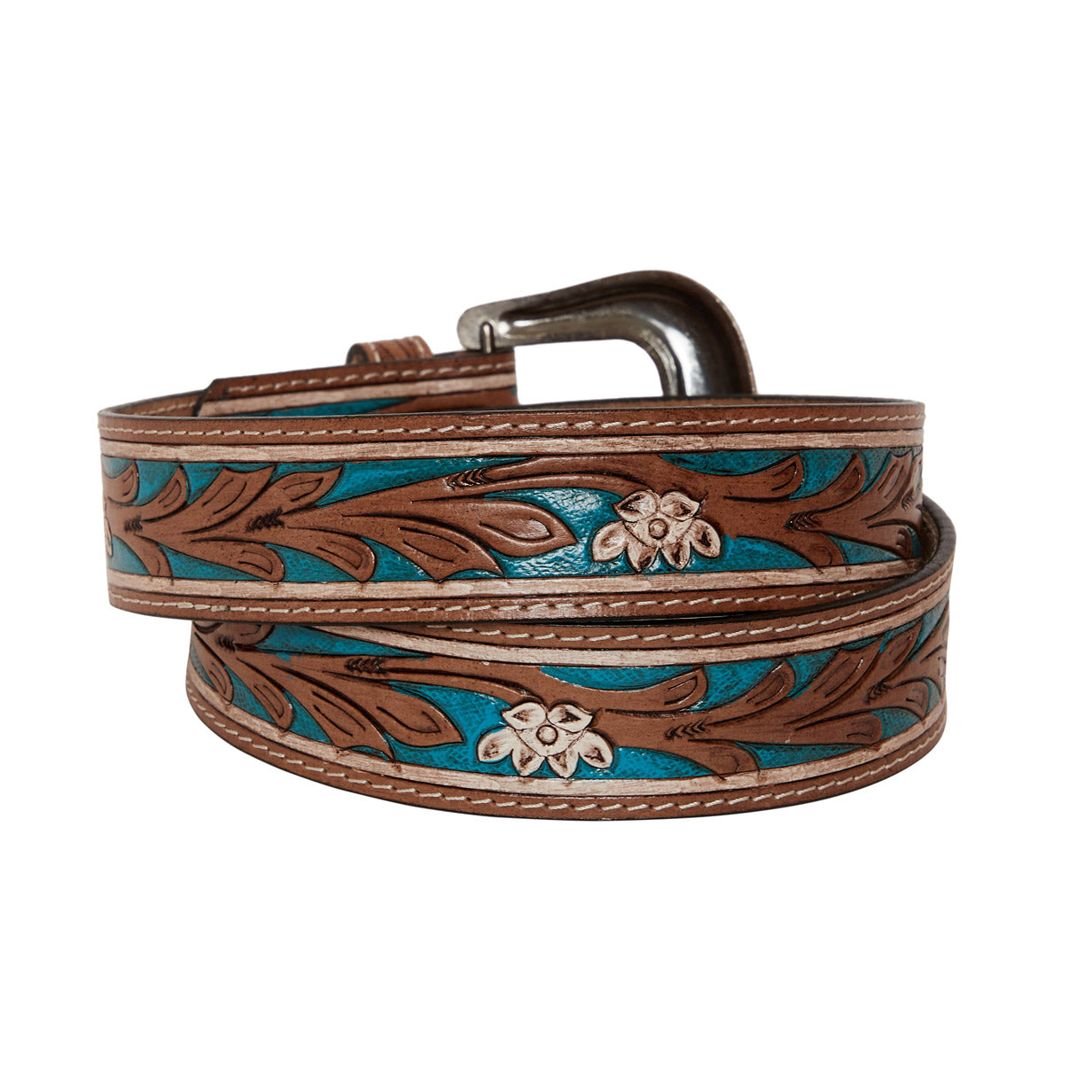 Cobalt Sea Hand-Tooled Leather Women's Belt - MyraUSA