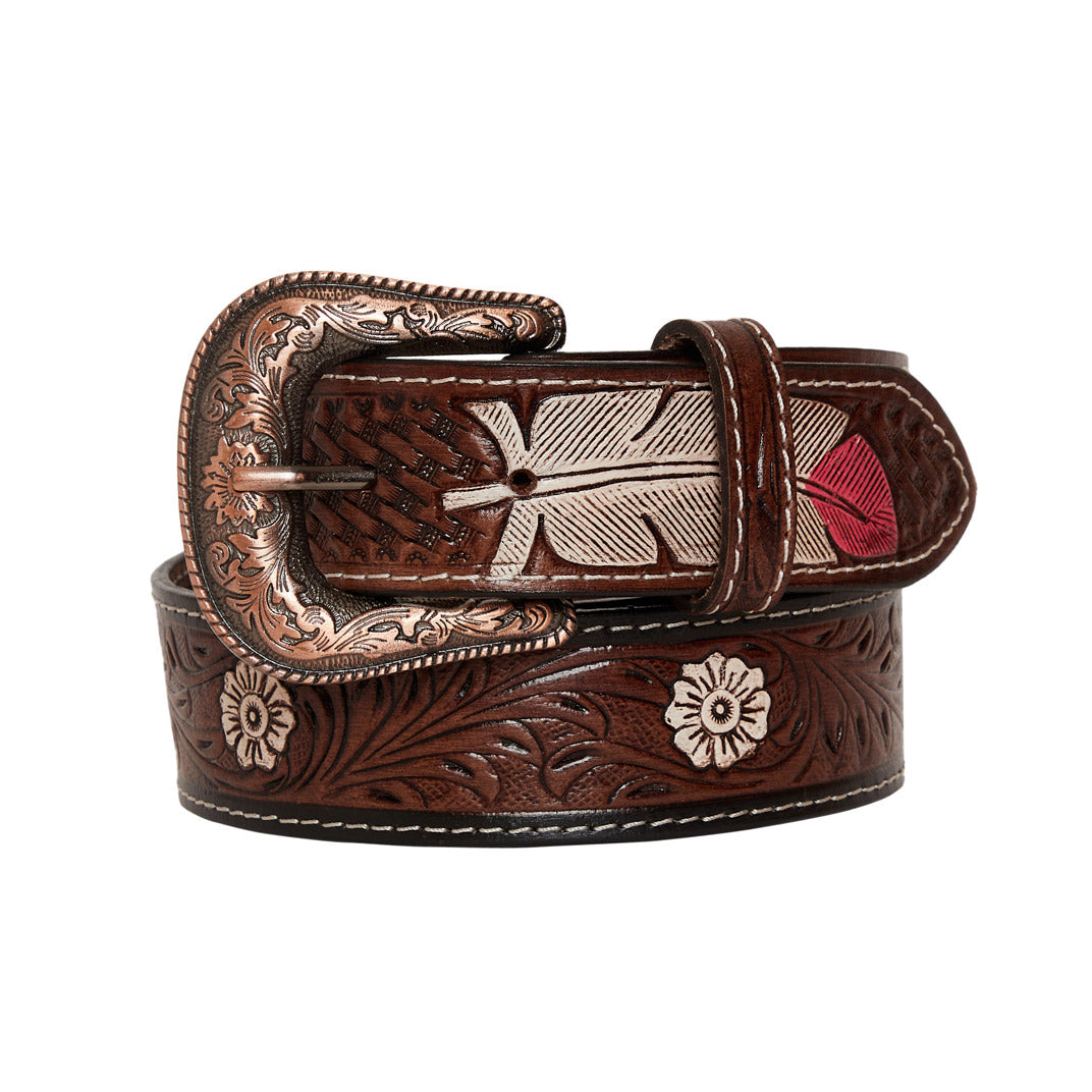 Pink feather Hand-Tooled Leather Women's Belt - MyraUSA