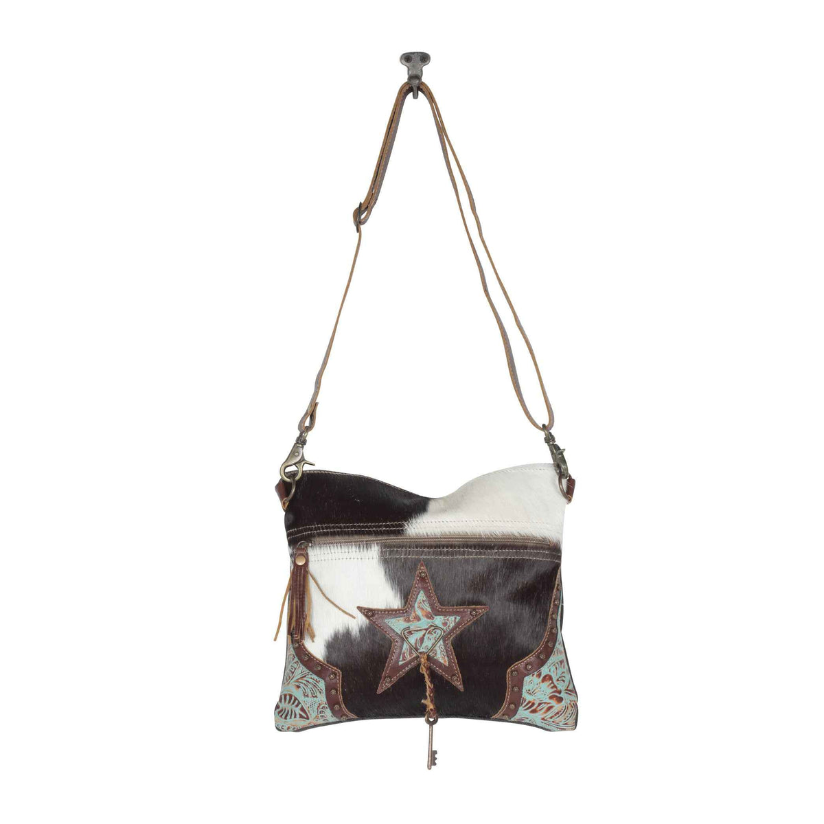 Myra North Star Bag for Women with hairon hide and embossed leather in black and white with adjustable detachable strap