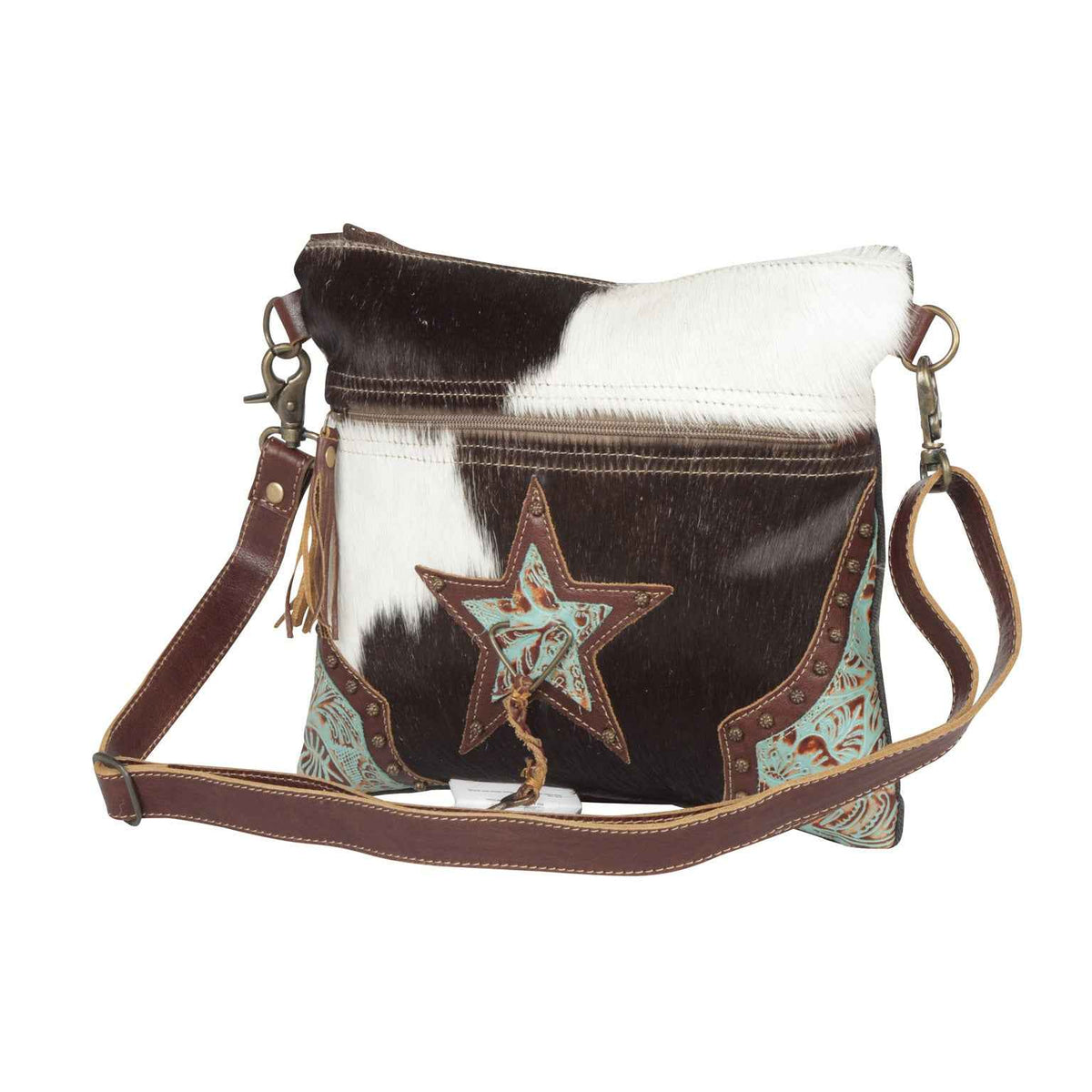 Myra North Star Bag for Women with hairon hide and embossed leather in black and white with adjustable detachable strap