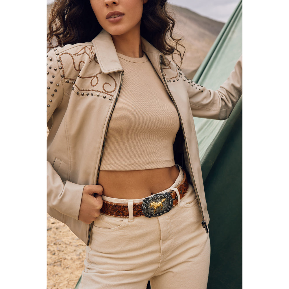 Brisk Leaves Hand-Tooled Leather Women's Belt - MyraUSA