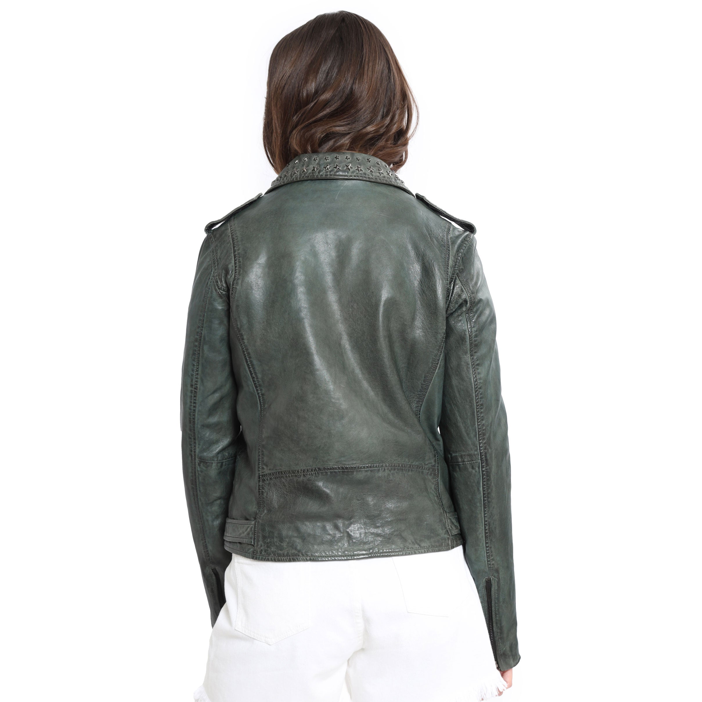 Washed Green Studded LEATHER Jacket - MyraUSA