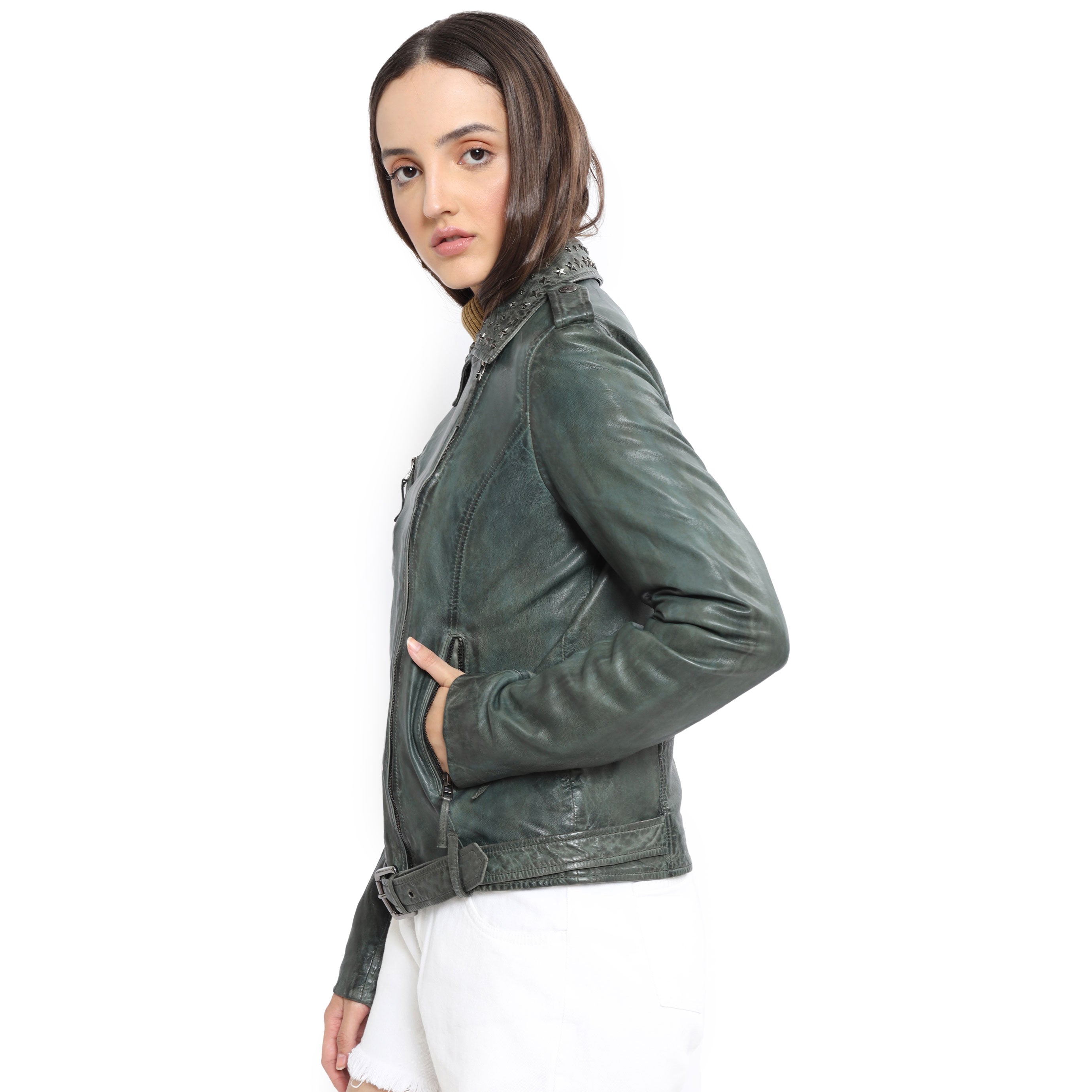Washed Green Studded LEATHER Jacket - MyraUSA