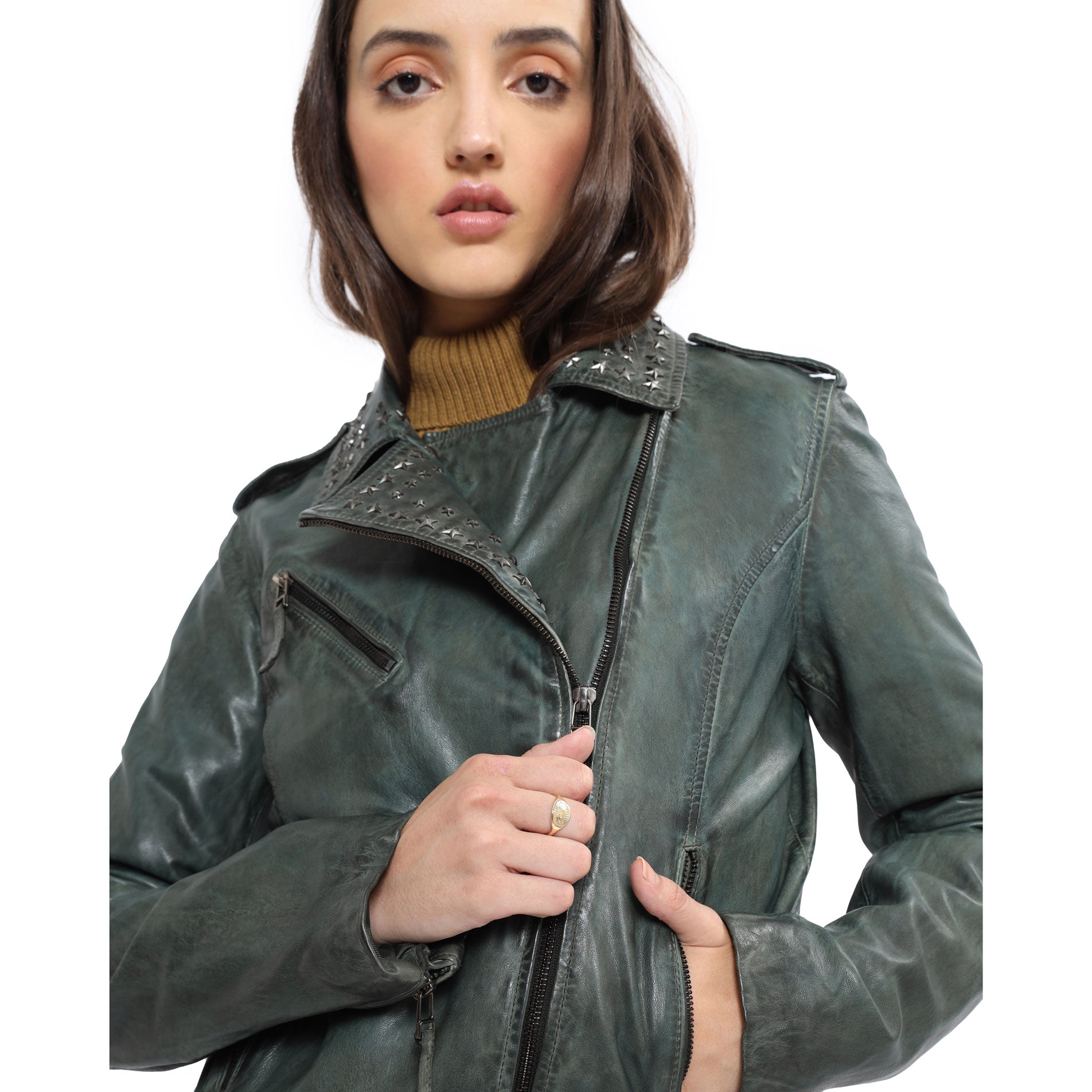 Washed Green Studded LEATHER Jacket - MyraUSA