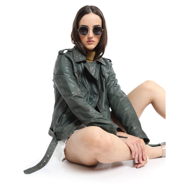 Washed Green Studded LEATHER Jacket - MyraUSA