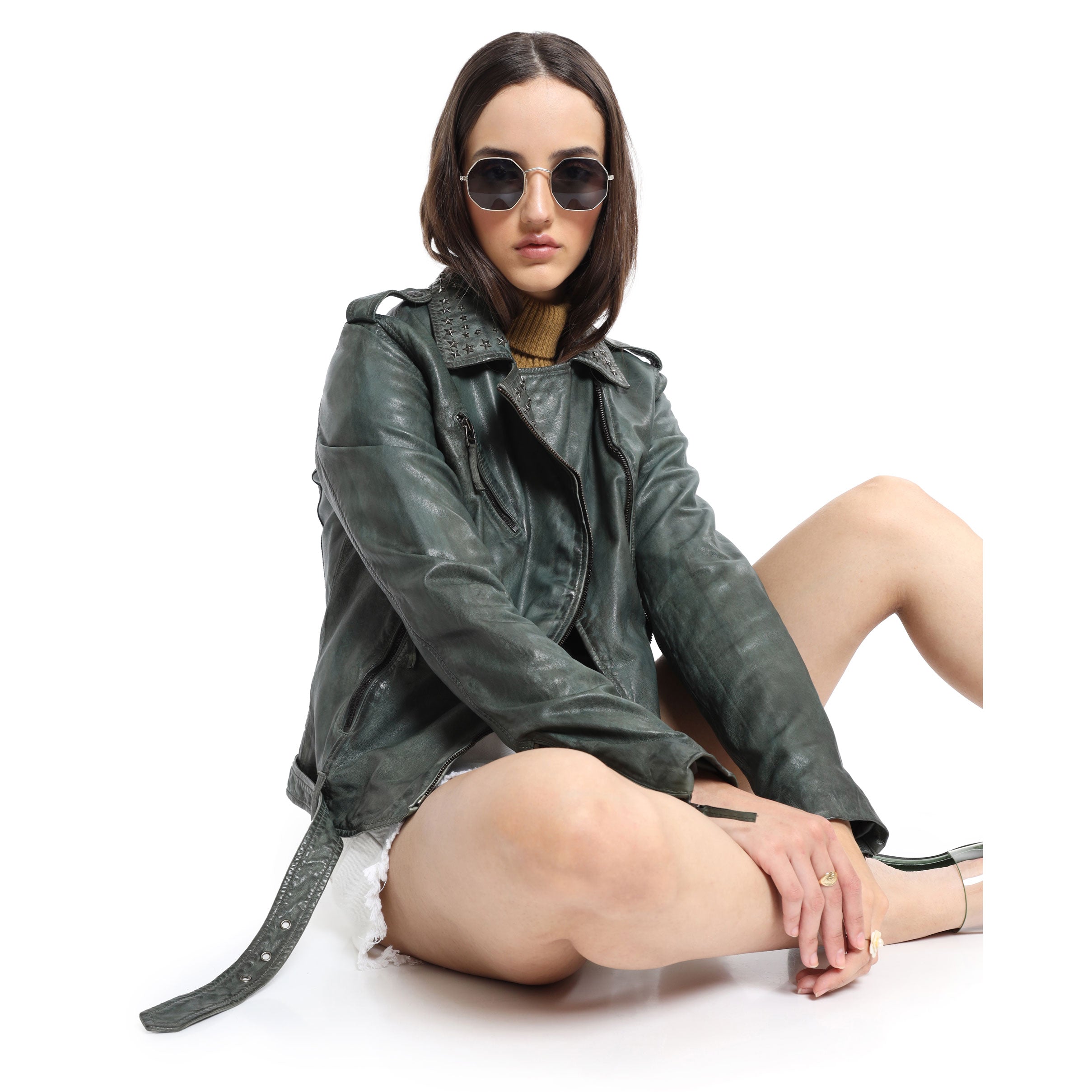 Washed Green Studded  LEATHER Jacket - MyraUSA