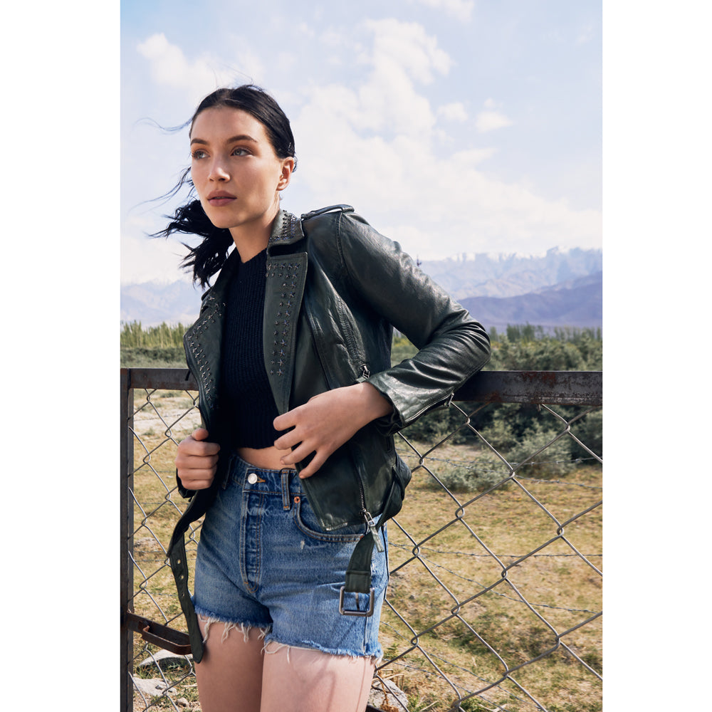 Washed Green Studded LEATHER Jacket - MyraUSA