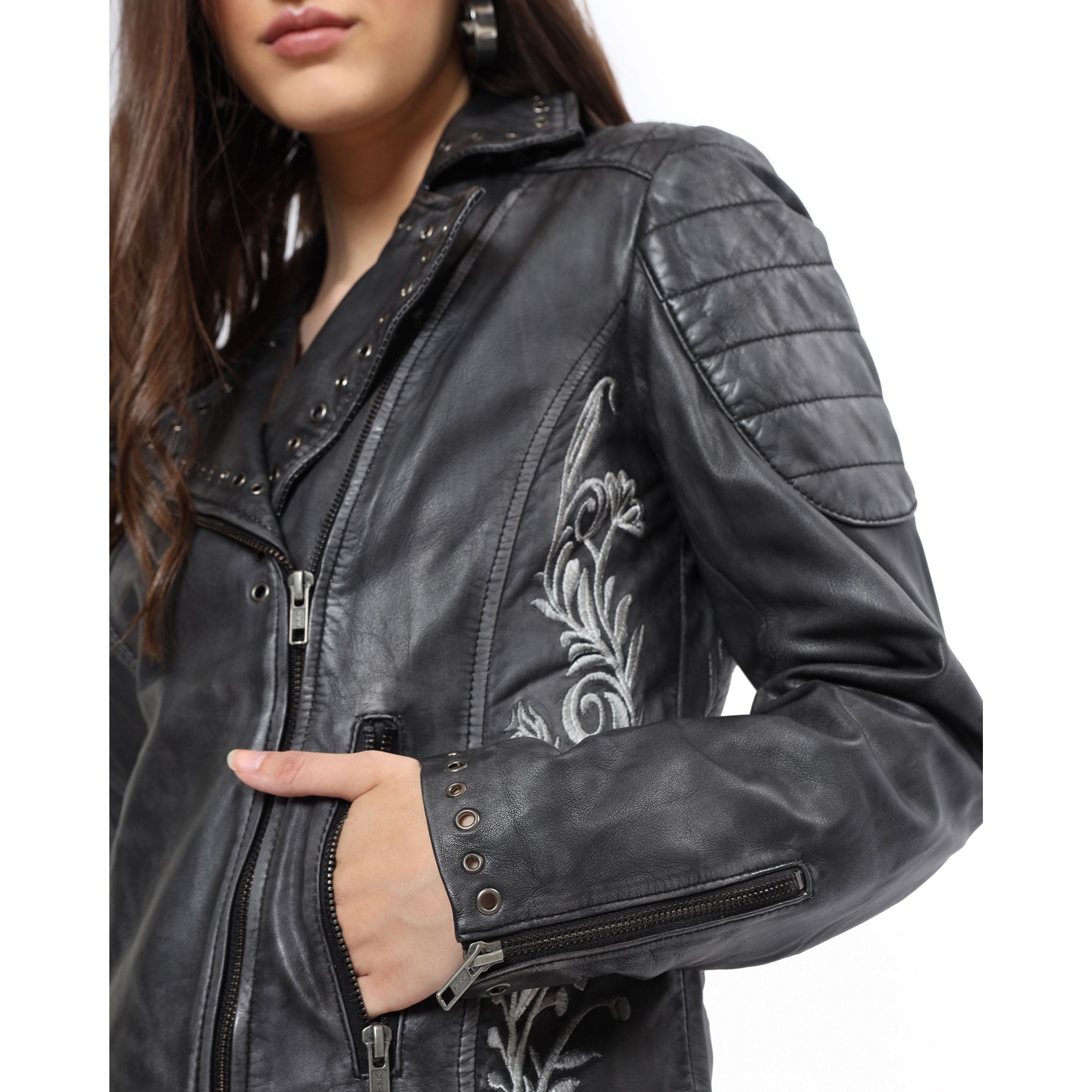Black Embroidered Biker LEATHER Jacket - MyraUSA