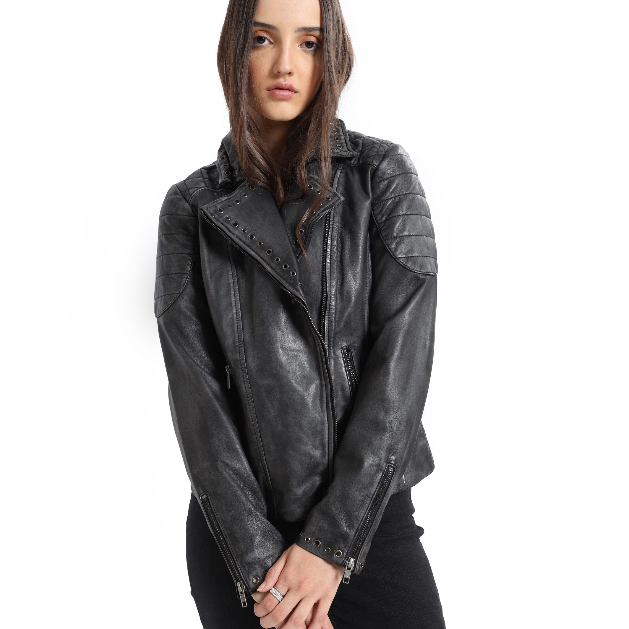 Black Embroidered Biker LEATHER Jacket - MyraUSA