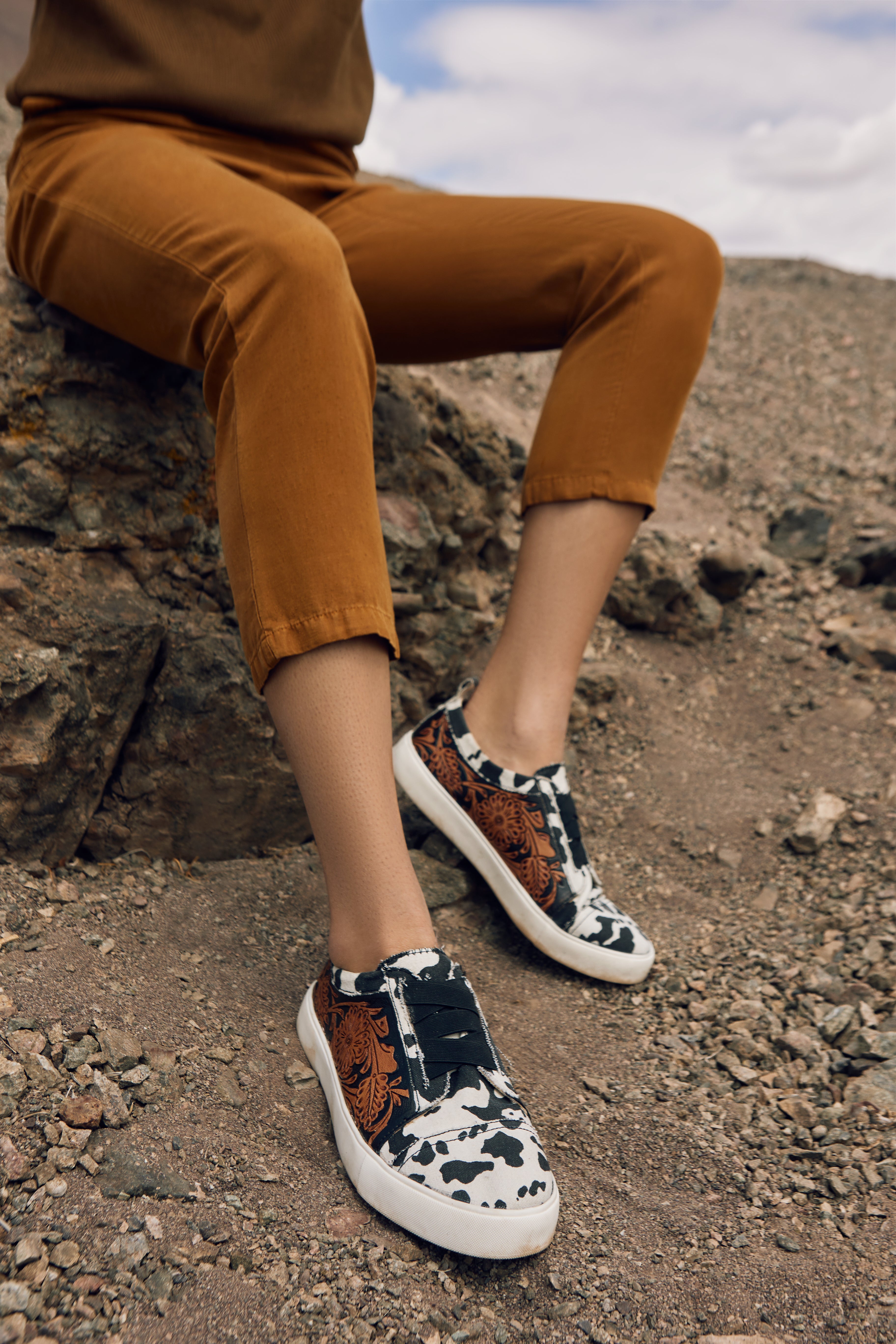 Women Limited Edition Cowprint with Handtooling Sneaker - MyraUSA