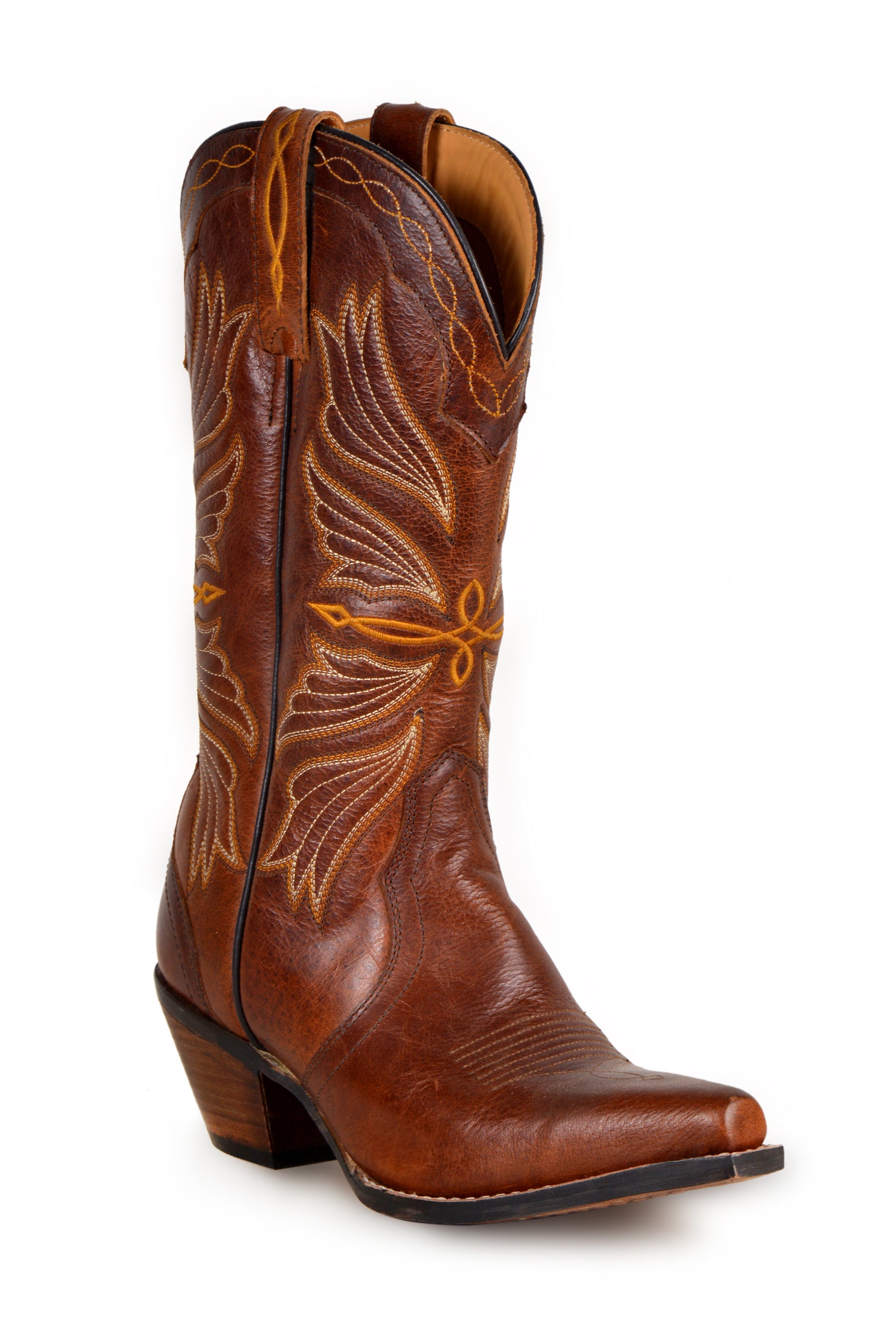Brown leather embroided cowgirl boots with a pointed toe and a stacked heel