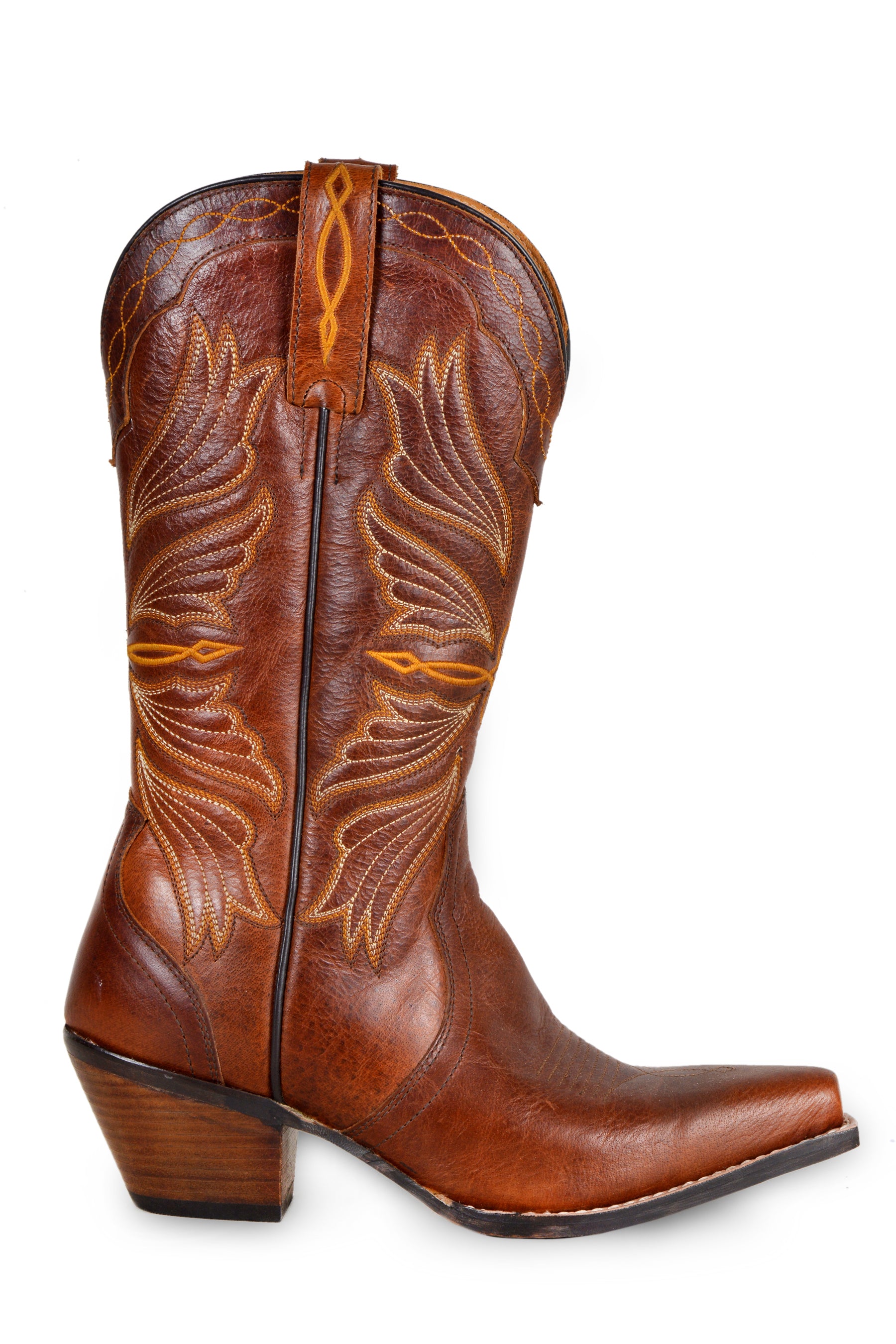 Brown leather embroided cowgirl boots with a pointed toe and a stacked heel