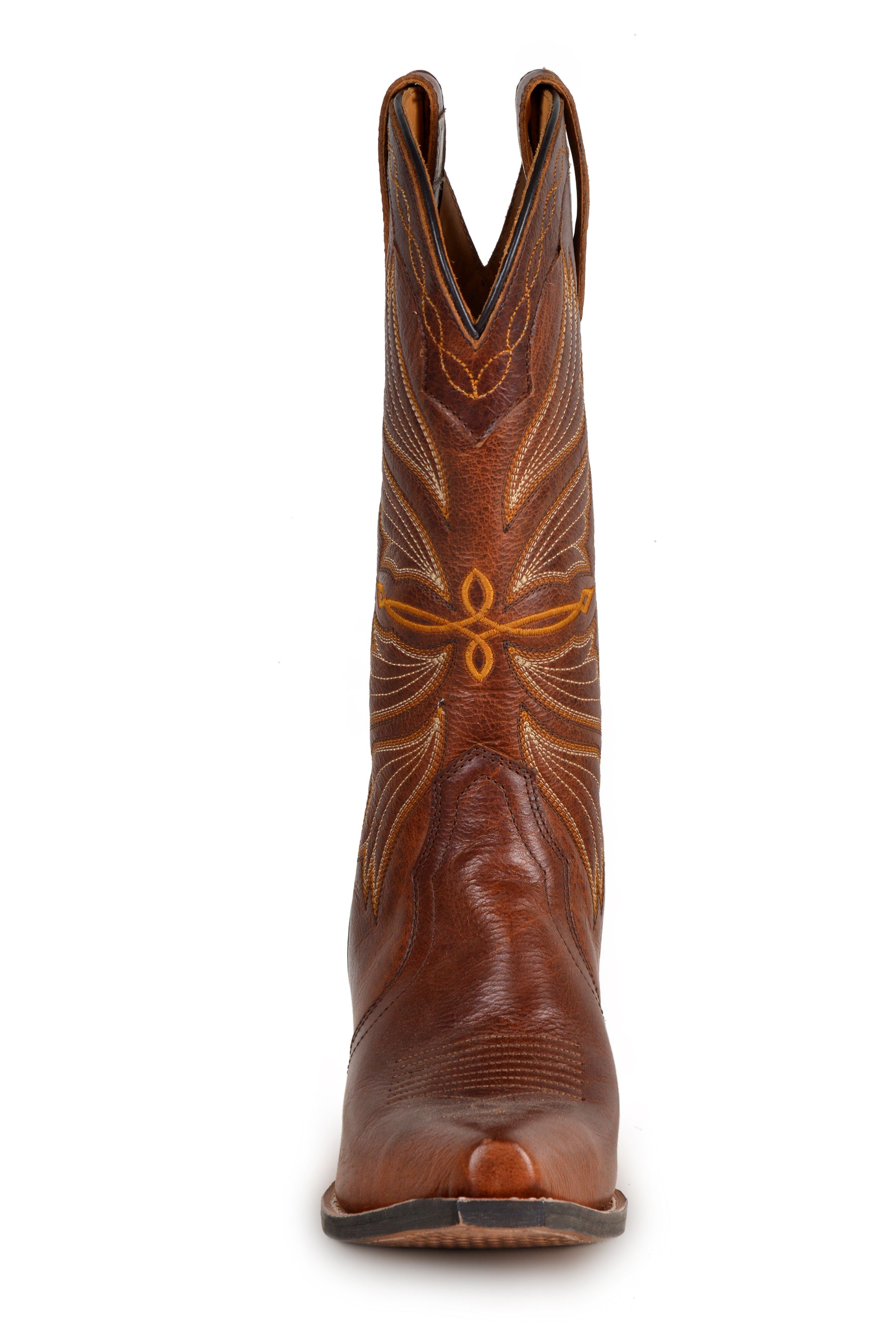 Brown leather embroided cowgirl boots with a pointed toe and a stacked heel