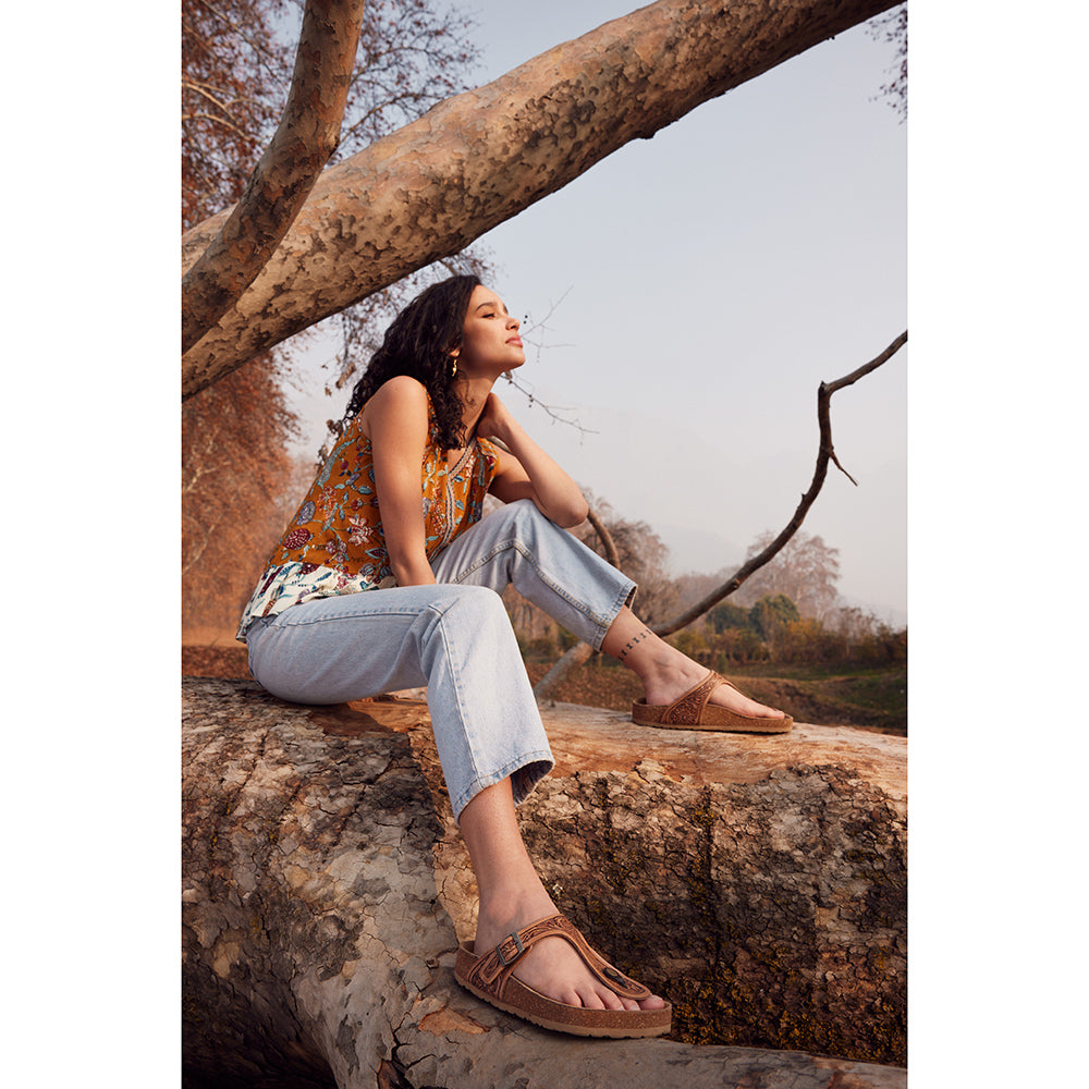 Brown Handtooled sandals for women with embossed starp