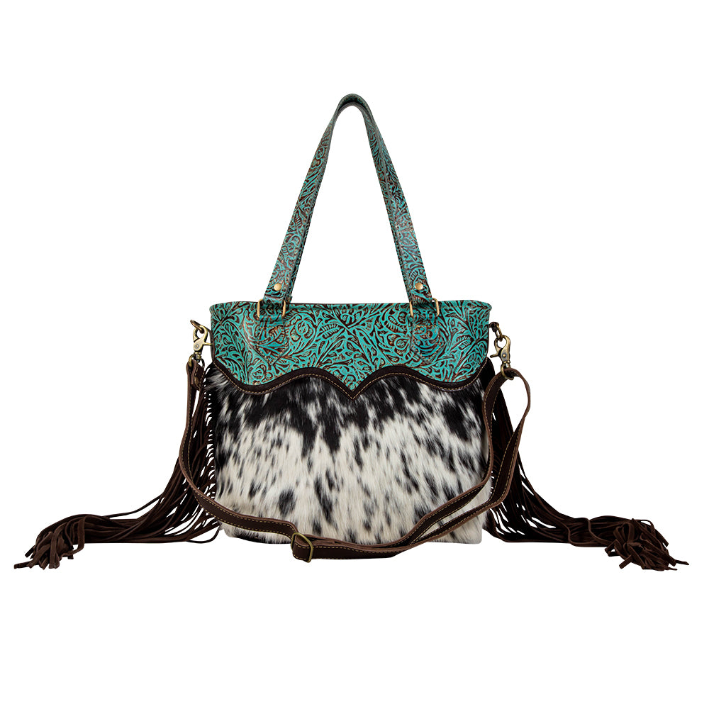 Turquoise Zapata Leather & Hairon Bag. - Myra USA