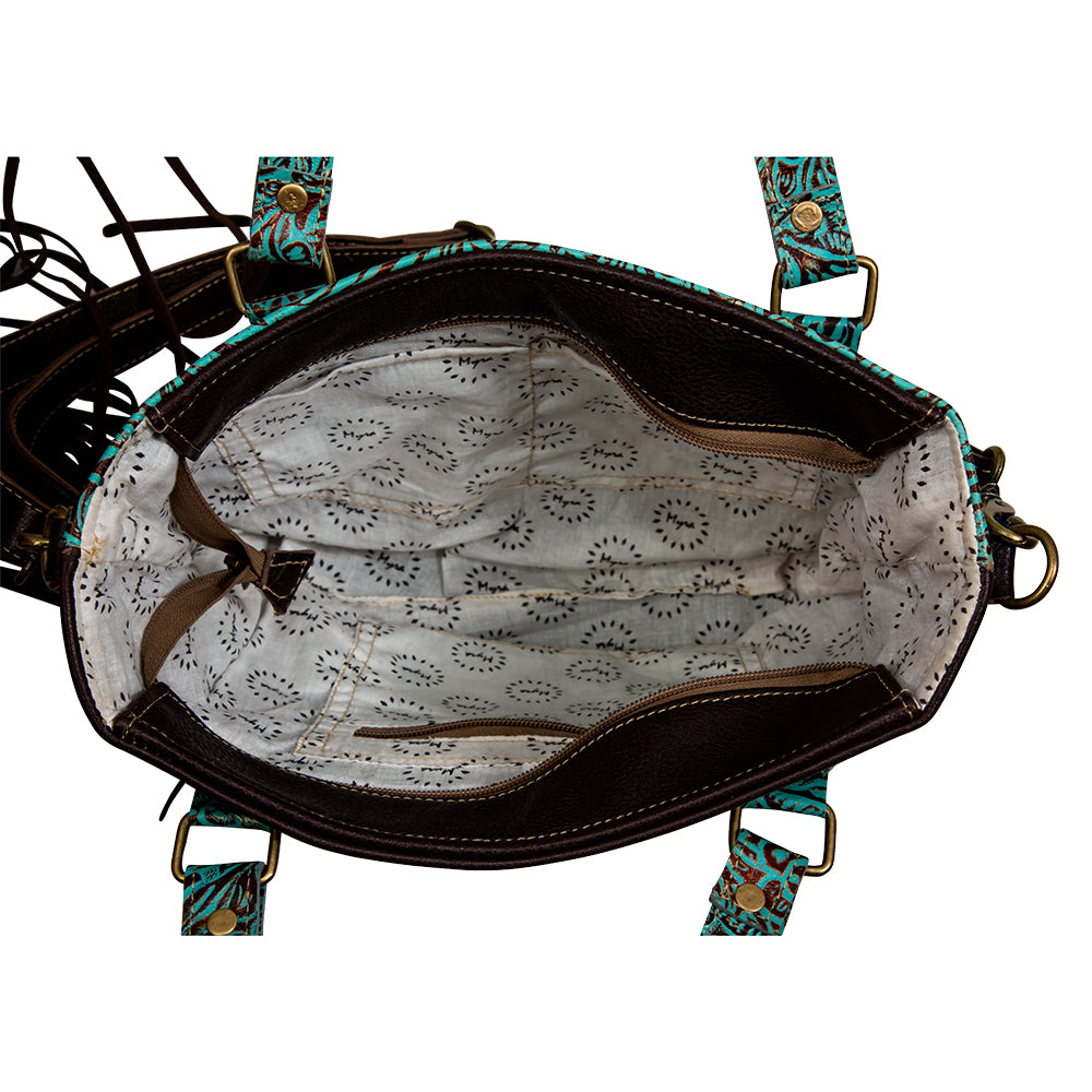 Turquoise Zapata Leather & Hairon Bag. - Myra USA