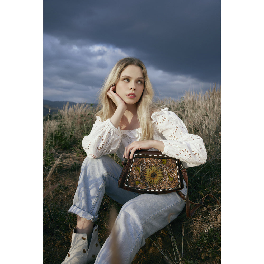 Showy Sunflower Trapezoid Hand-Tooled Bag - Myra USA