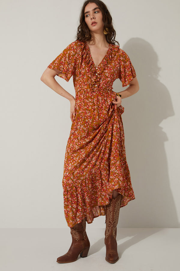 Bohera Bernadette Floral Neck Ruffle Dress - Myra USA