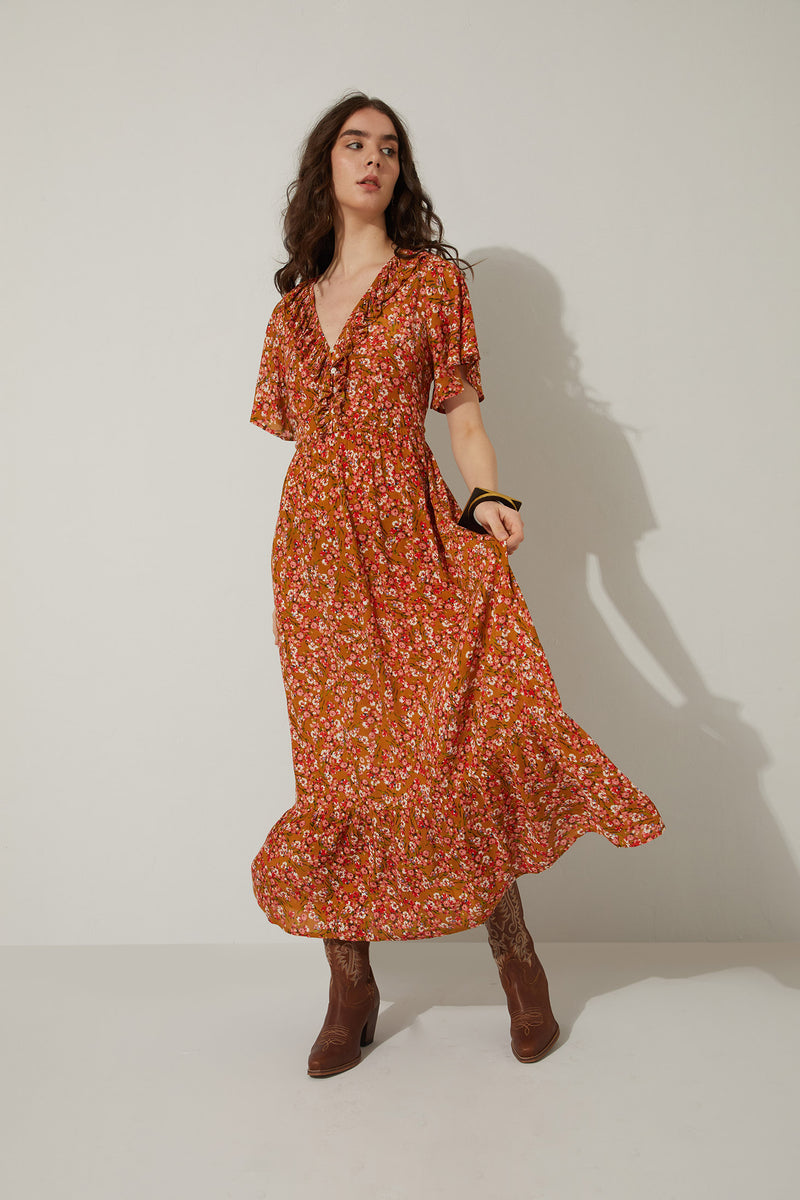 Bohera Bernadette Floral Neck Ruffle Dress