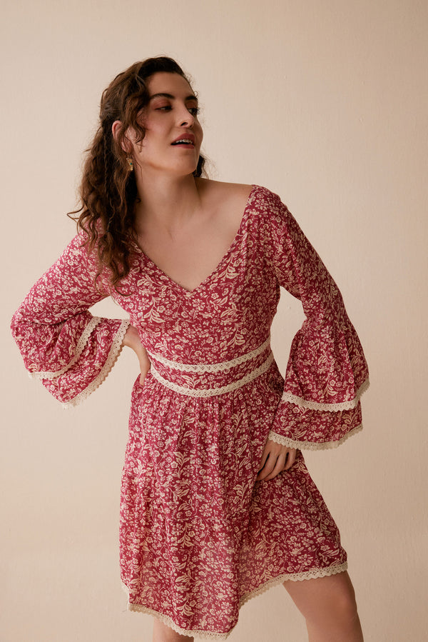 Bohera Rose Lane Flare Sleeve Tie Dress - Myra USA